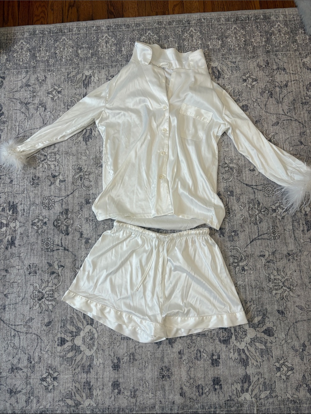 Women's Satin Pajama Set with Feather Cuffs - White only worn for a few hours